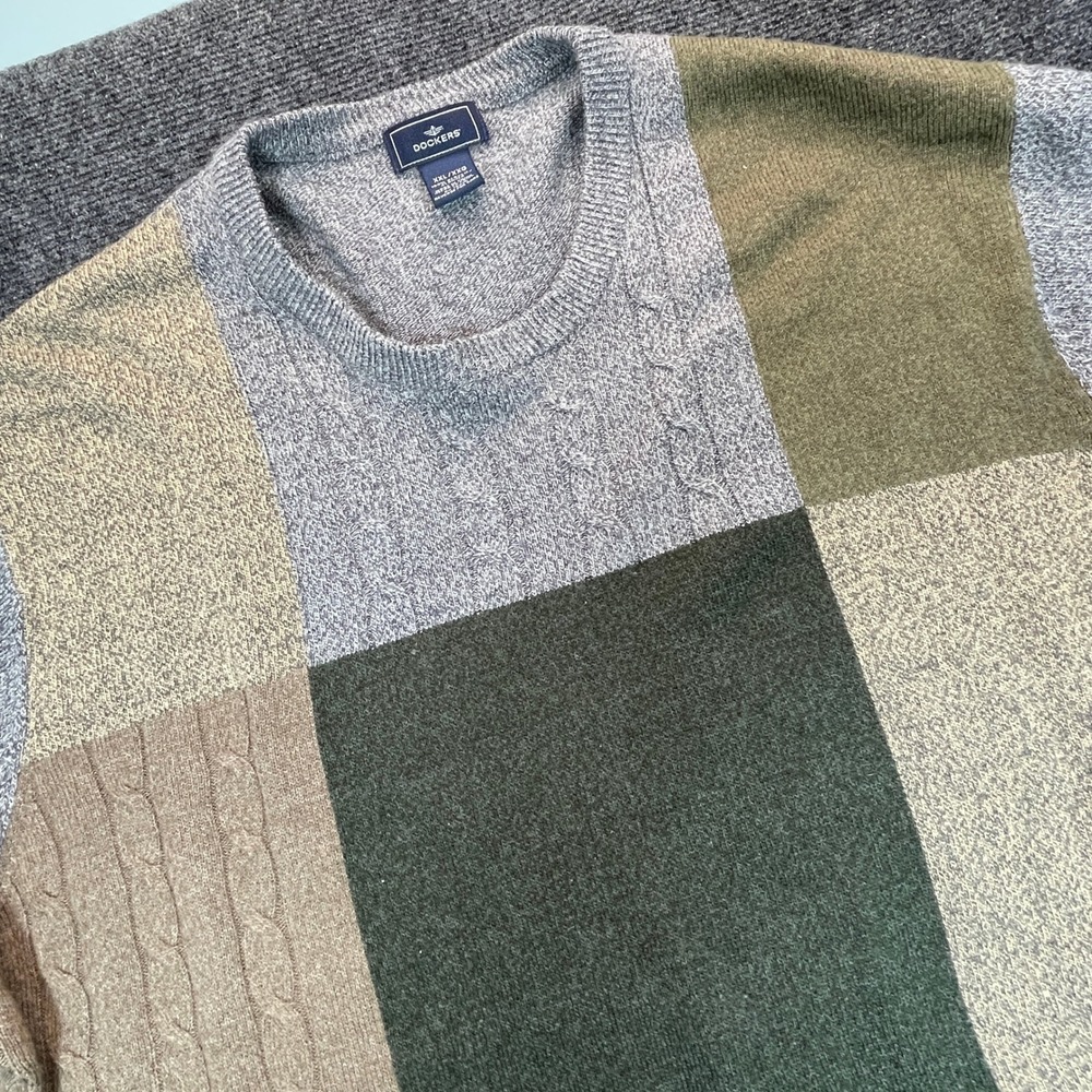 Dockers Patchwork Cable Knit Sweater Mens XXL Grey Green Colorblock Grandpa Fall